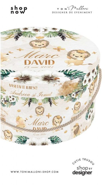 Cutie rotunda trusou botez cu un lui de leu elegant si motive jungle 1